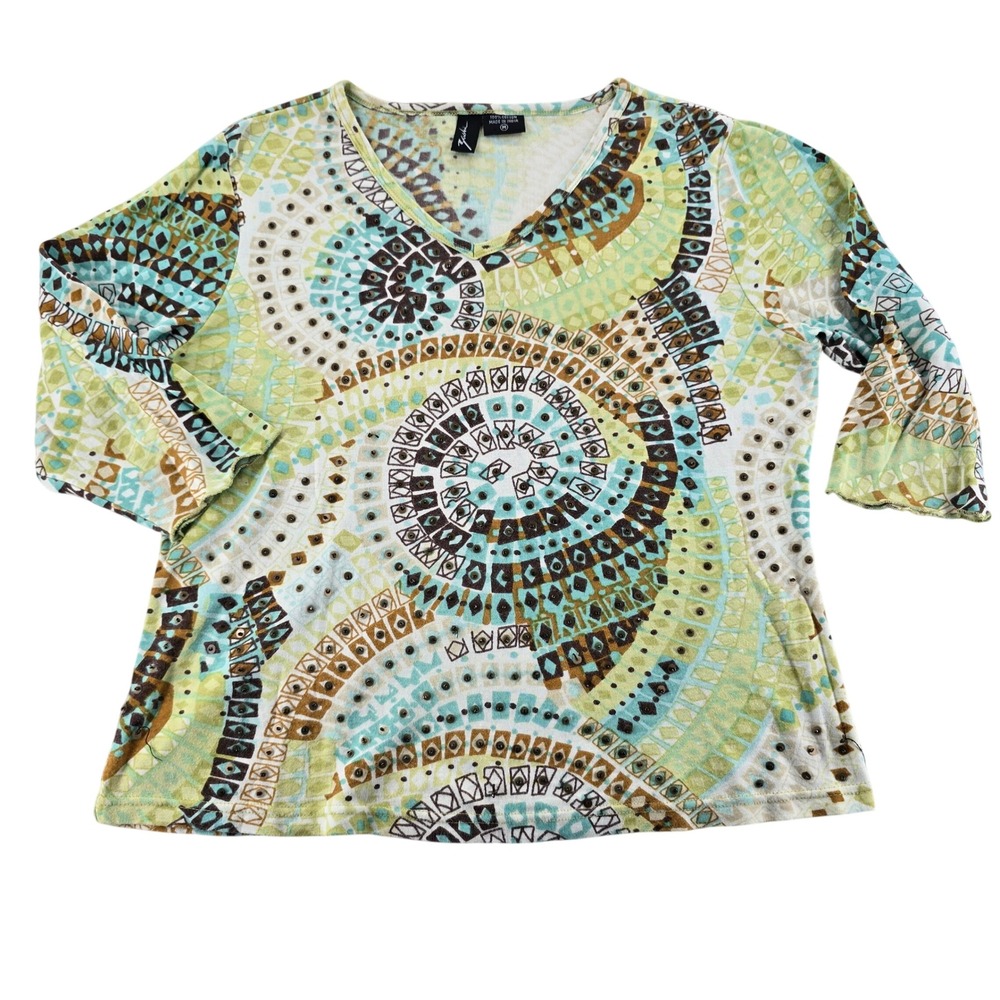 Zashi Top M 3/4 Sleeve V-Neck Geometric Spiral Mosaic Print Cotton AE141